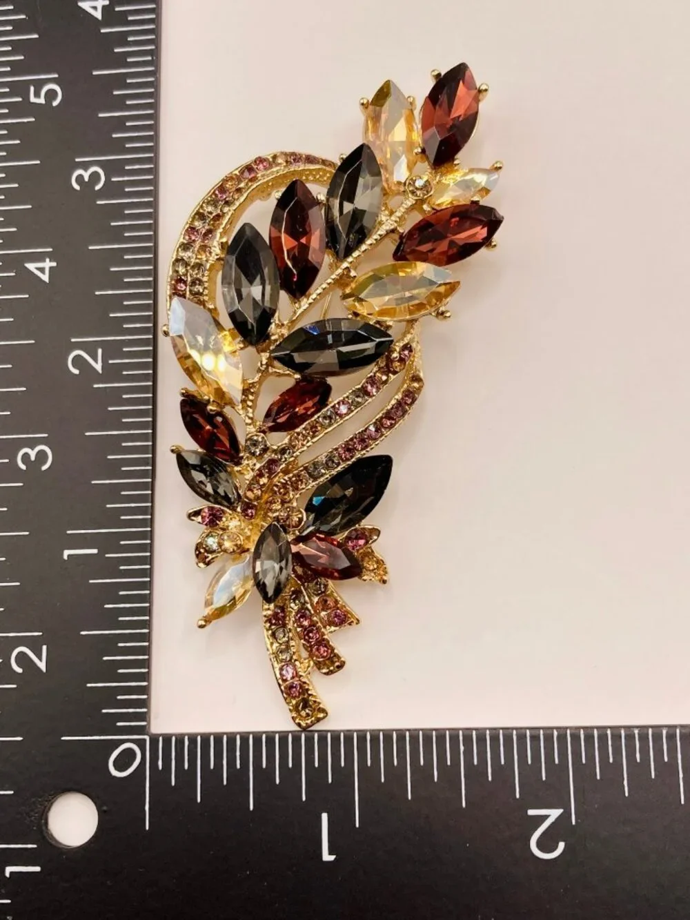 Gold-Tone Floral Brooch Multi-Color Rhinestones Elegant Leaf Design -112B